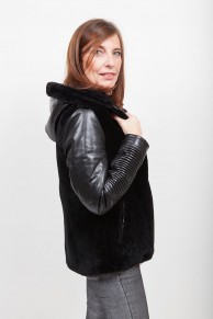 Leather and Fur Jacket with Hood Lamb