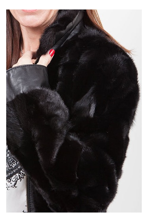 Blouson en Vison et Cuir Noir