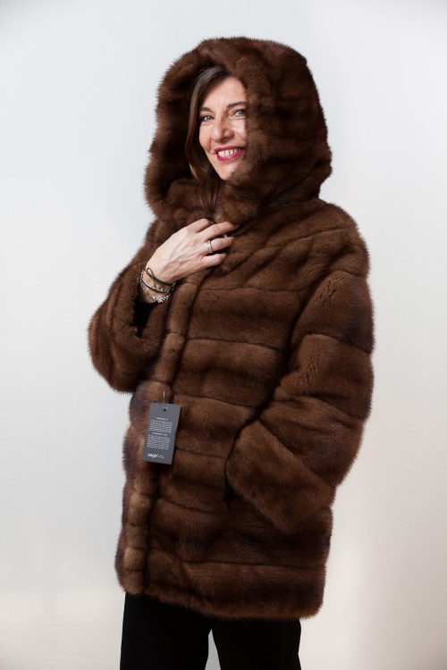 Veste de Vison Marron Mahogany à Capuche