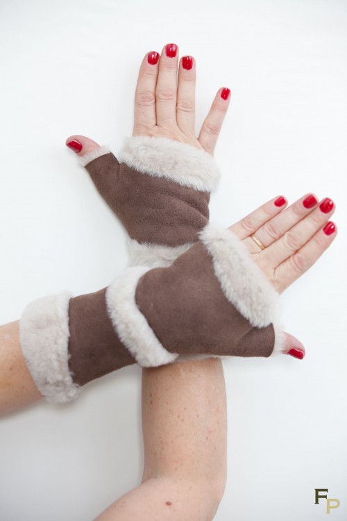 Brown Long Mittens in Lamb Fur and Lamb Velvet