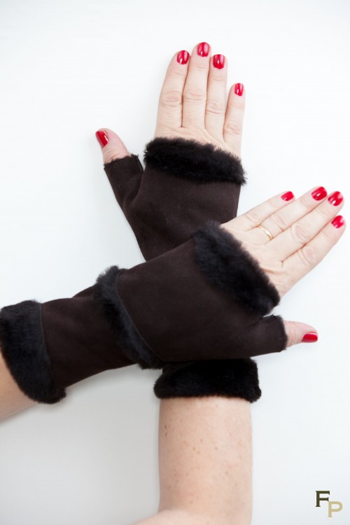 Dark Brown Long Mittens in Lamb Fur and Lamb Velvet