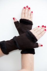 Dark Brown Long Mittens in Lamb Fur and Lamb Velvet