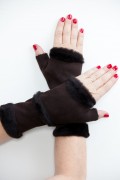 Dark Brown Long Mittens in Lamb Fur and Lamb Velvet