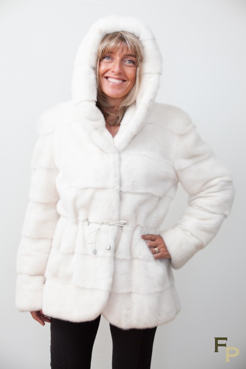 Long White Mink Jacket with Hood