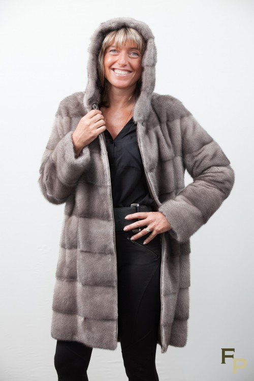 Long Silver Blue Mink Coat with Hood Signed Cassiani