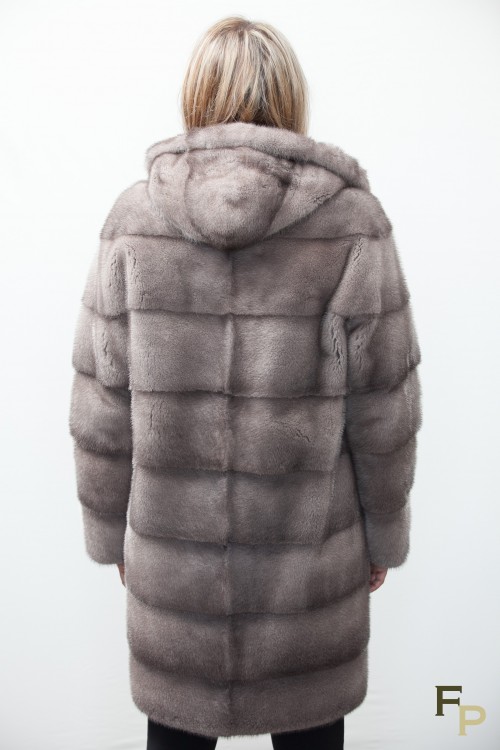 Long Silver Blue Mink Coat with Hood Signed Cassiani