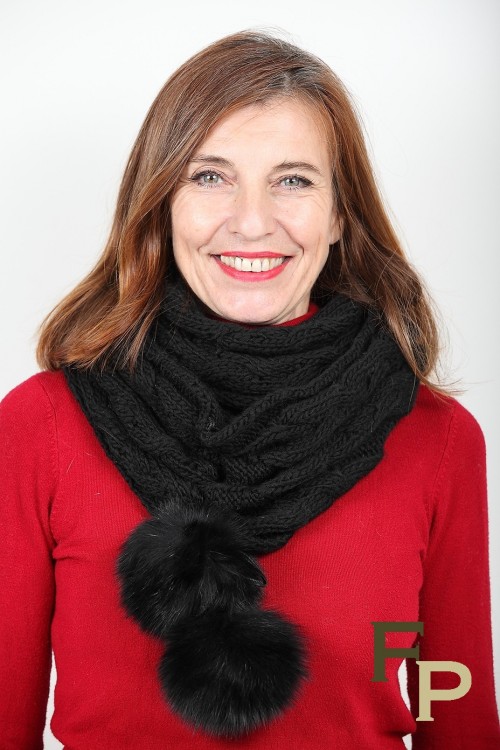 Black Snood in Pure New Wool with Fox Pompoms