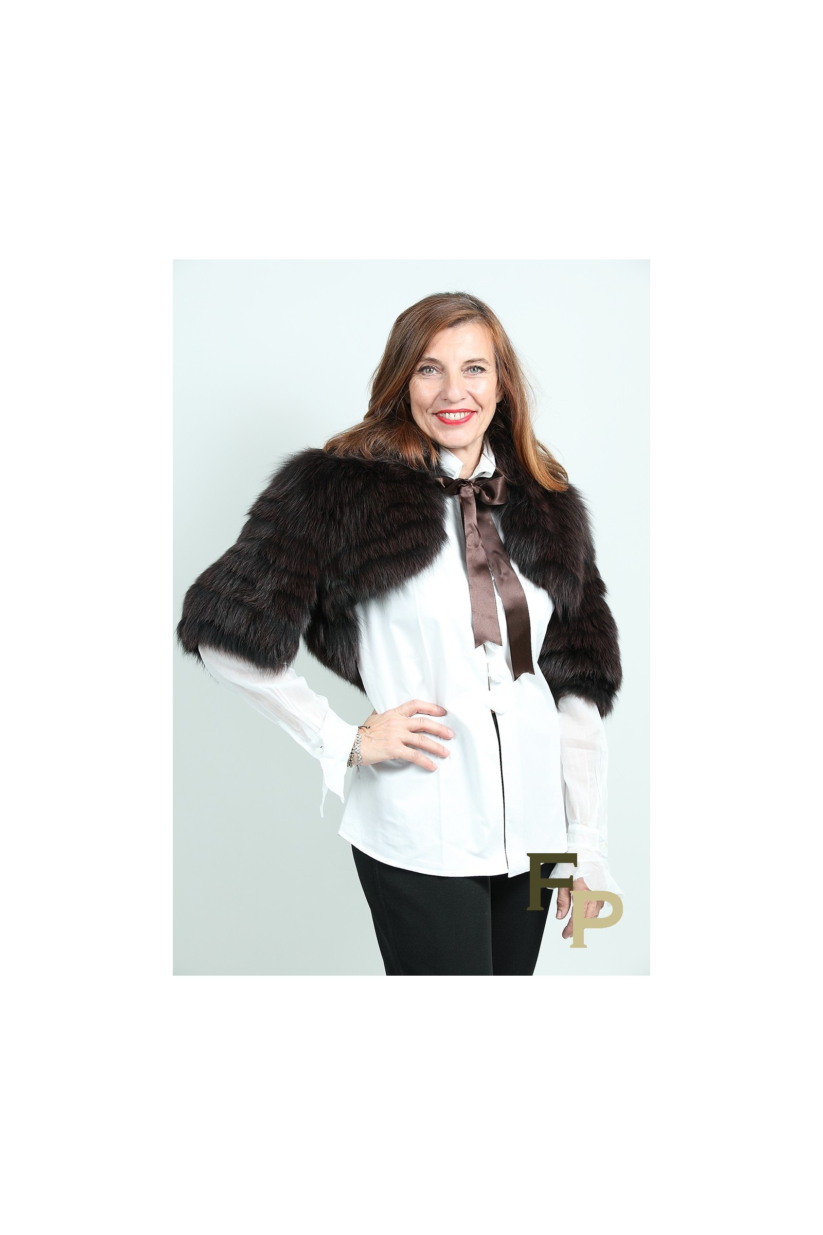 Boléro/châle élégant Avec Sequins, Perles Et Fourrure Véritable Renard - Marron - Taille Unique - Neuf