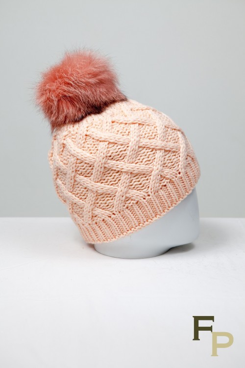 Light Apricot Colour Cap with Fox Fur Pompom