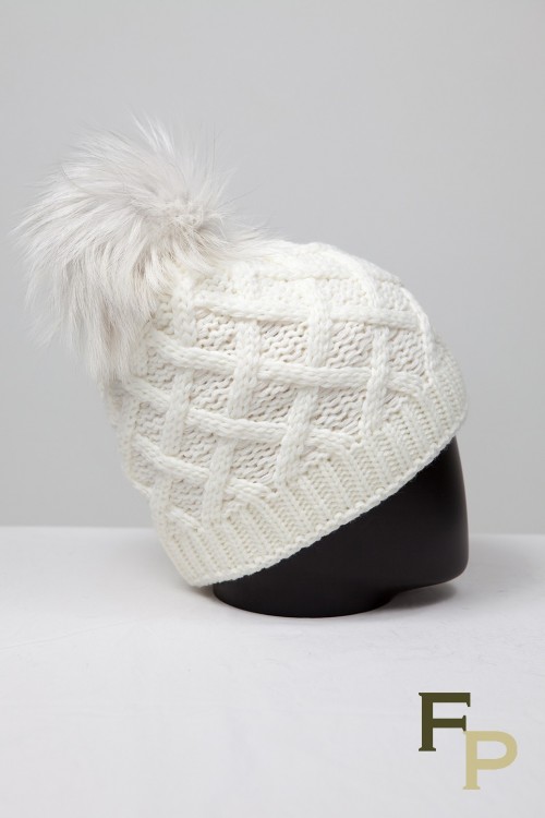 Ecru Cap with Fox Fur Pompom