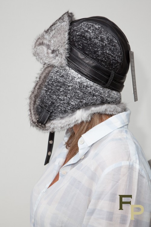 Grey Shapka in Rabbit Fur and Woolen Fabric