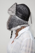 Grey Shapka in Rabbit Fur and Woolen Fabric