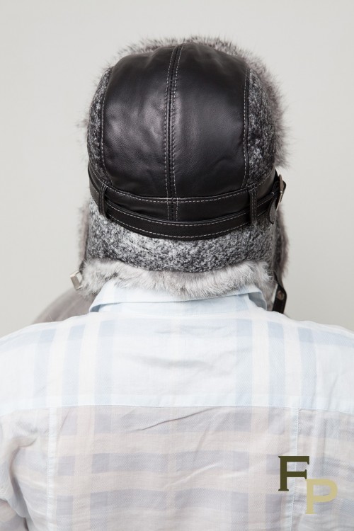 Grey Shapka in Rabbit Fur and Woolen Fabric