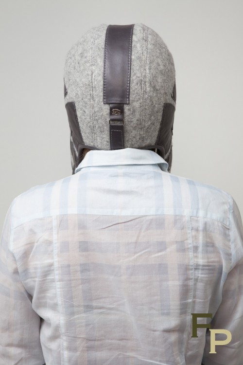 Grey Shapka in Shearling, Woolen Fabric and Brown Leather