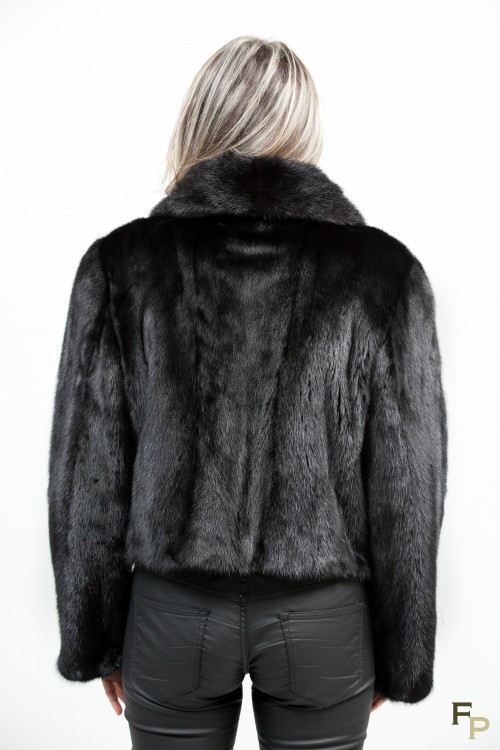Veste de Vison Noir à Col Cranté