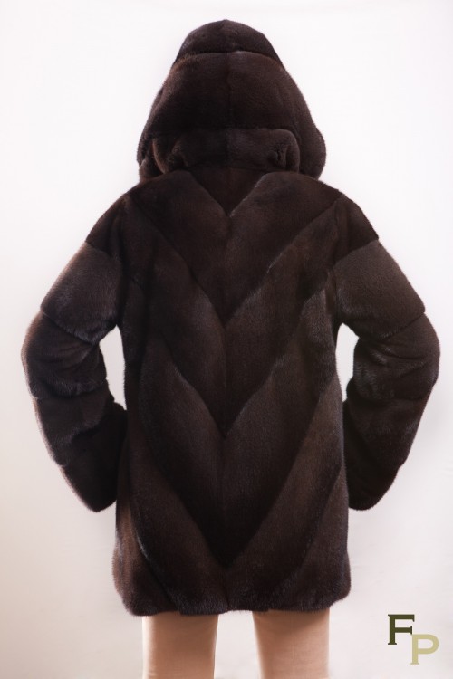Manteau de Vison Diagonal "Zibeline" à Capuche