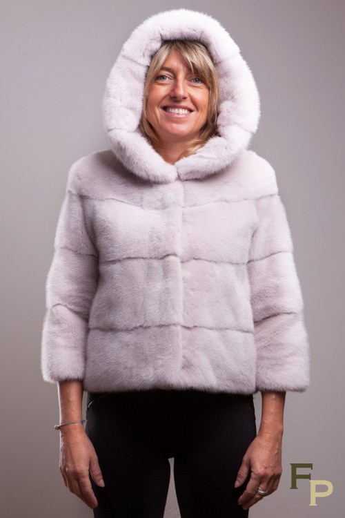 Beige mink jacket with hood 