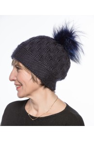 Navy Blue Woolen Cap with Fox Fur Pompom