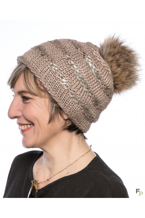 Beige Woolen Cap "Lux" with Finn Raccoon Fur Pompom