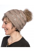 Beige Woolen Cap "Lux" with Finn Raccoon Fur Pompom