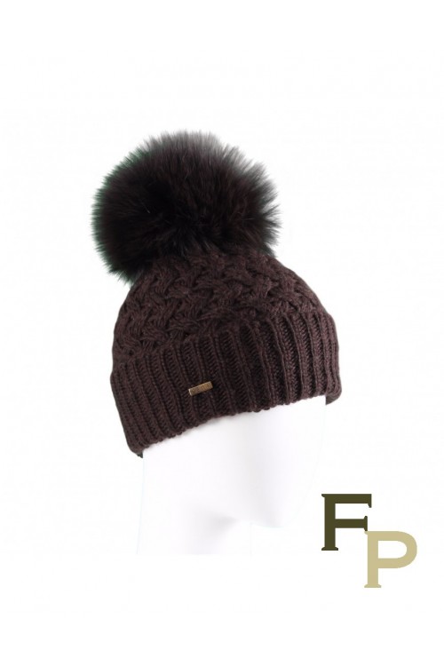 Bonnet en Laine Marron avec Pompon de Renard Assorti