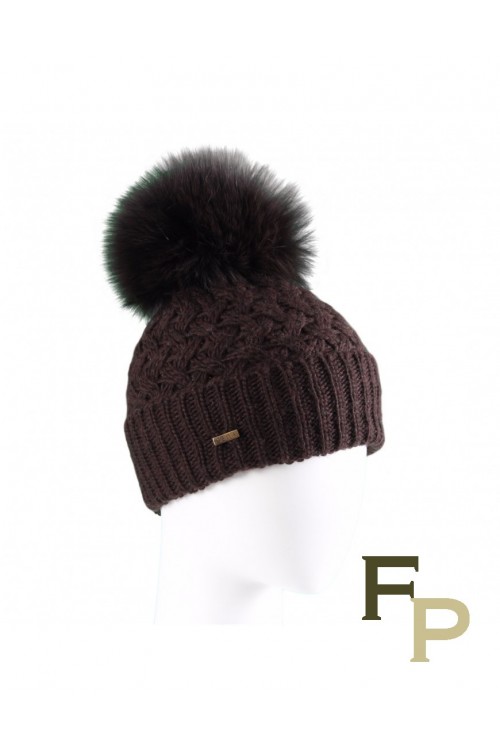 Brown Woolen Cap with Fox Fur Pompom