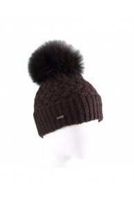 Brown Woolen Cap with Fox Fur Pompom