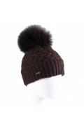 Brown Woolen Cap with Fox Fur Pompom