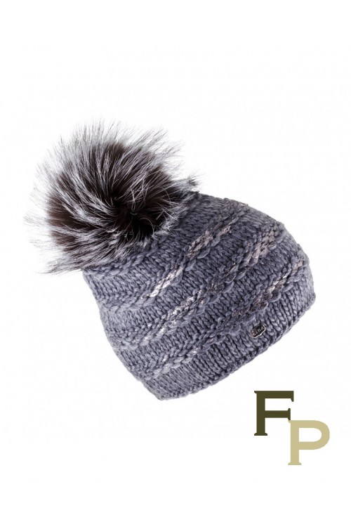 Grey Woolen Cap "Lux" with Finn Raccoon Fur Pompom