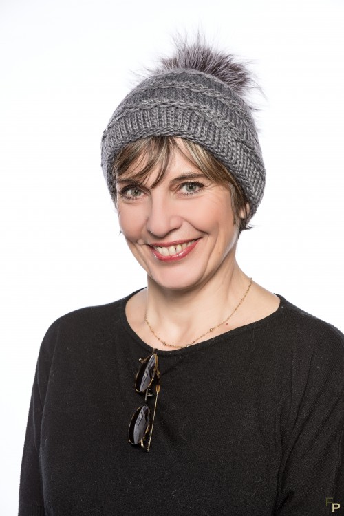 Grey Woolen Cap "Lux" with Finn Raccoon Fur Pompom