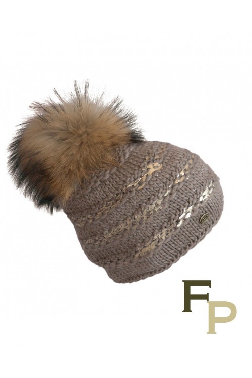 Beige Woolen Cap "Lux" with Finn Raccoon Fur Pompom