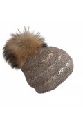 Beige Woolen Cap "Lux" with Finn Raccoon Fur Pompom