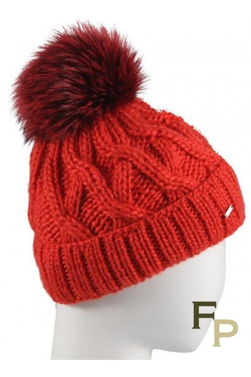 Bonnet en Laine "Courchevel"  Rouge avec Pompon de Renard