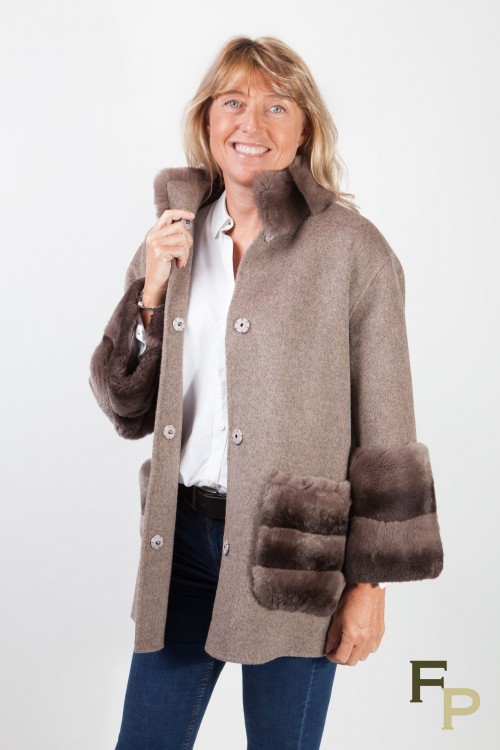 Dark Grey Woolen Coat and Rex Rabbit Fur