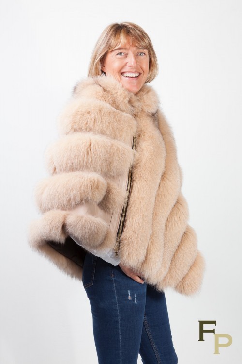 Beige Leather Poncho and Fox Fur by Casiani