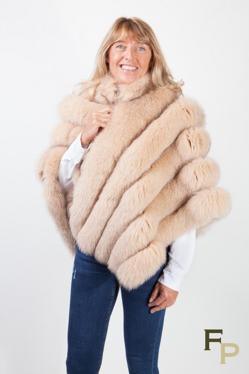 Poncho Beige en Cuir et Fourrure de Renard signé Casiani