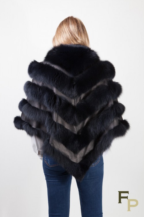 Navy Blue Leather Poncho and Fox Fur by Casiani
