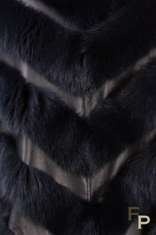 Navy Blue Leather Poncho and Fox Fur by Casiani
