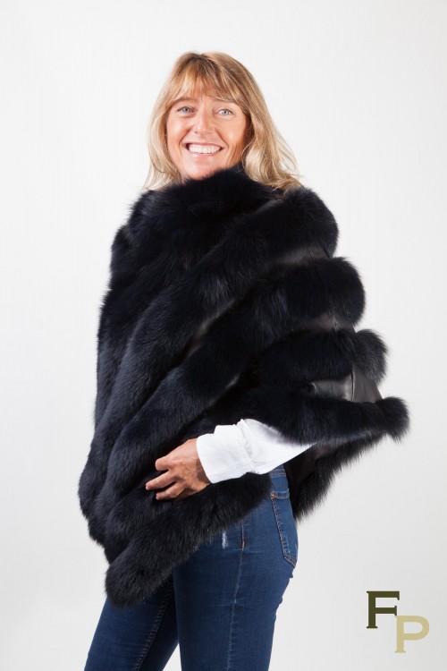 Navy Blue Leather Poncho and Fox Fur by Casiani