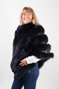 Navy Blue Leather Poncho and Fox Fur by Casiani