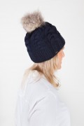 Bonnet  "St Moritz" Bleu Marine en Laine et Pompon de Renard