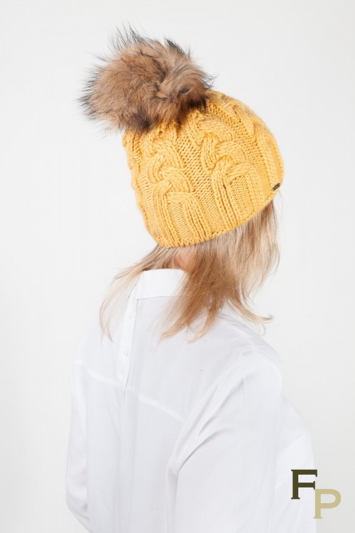 Wool Hat With Pompom in Fox Fur "Mustard" Colour