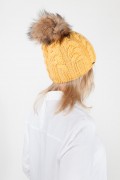 Wool Hat With Pompom in Fox Fur "Mustard" Colour