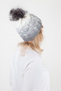 Bonnet  "St Moritz" Ecru & Gris en Laine et Pompon de Renard