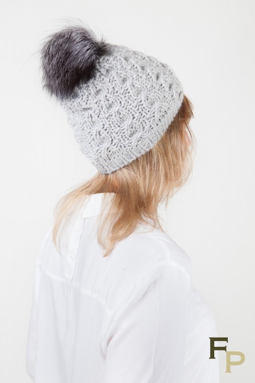 Grey Wollen Hat with Fox Fur Pompom