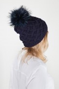 Navy Blue Bonnet with Fox Fur Pompom