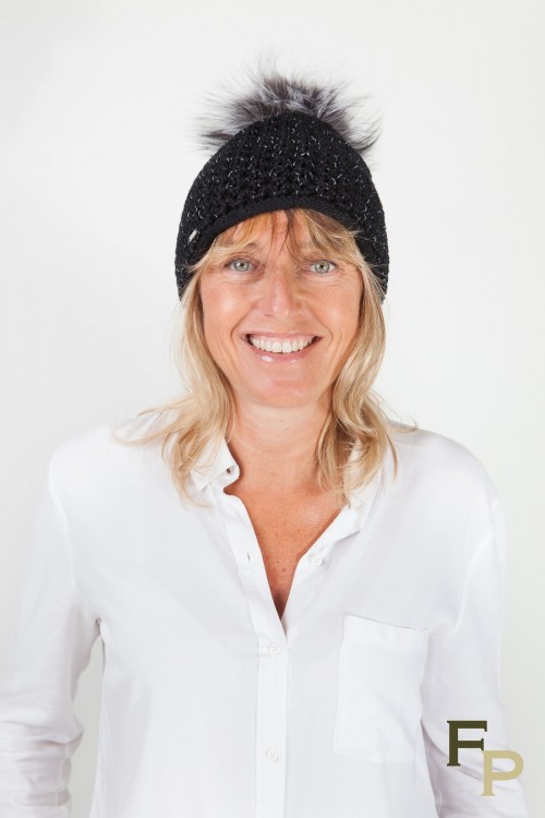 Black Wool Cap with Fox Fur Pompom
