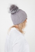 Grey Wool Cap with Fox Fur Pompom