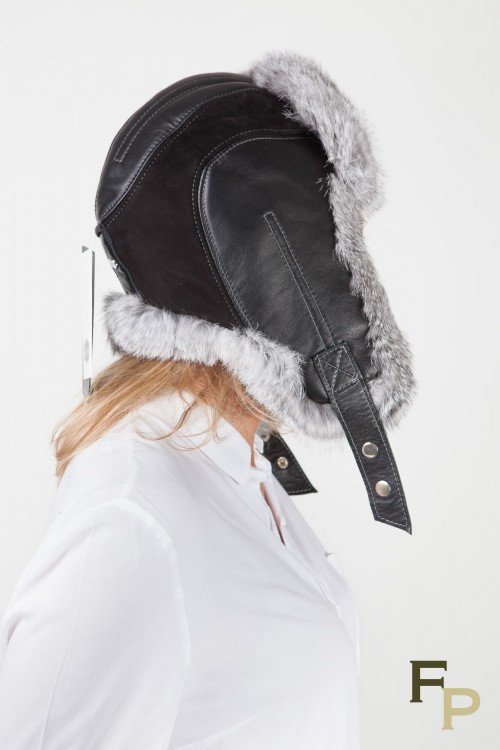 Fur Hat in Grey Rabbit, Black Leather & Velour