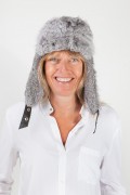 Fur Hat in Grey Rabbit, Black Leather & Velour